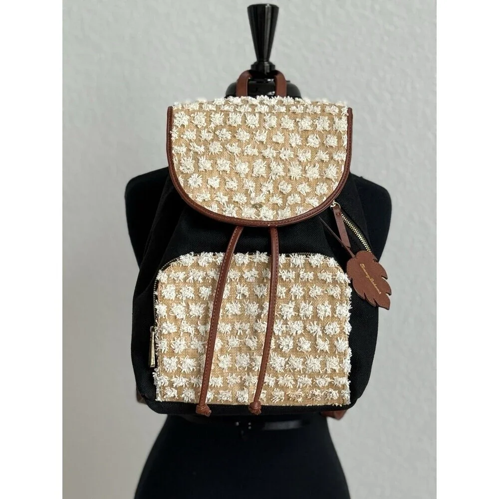 Tommy Bahama Koki Beach Backpack 13x11x4 Linen Cotton Black Mixed Media‎ Pockets